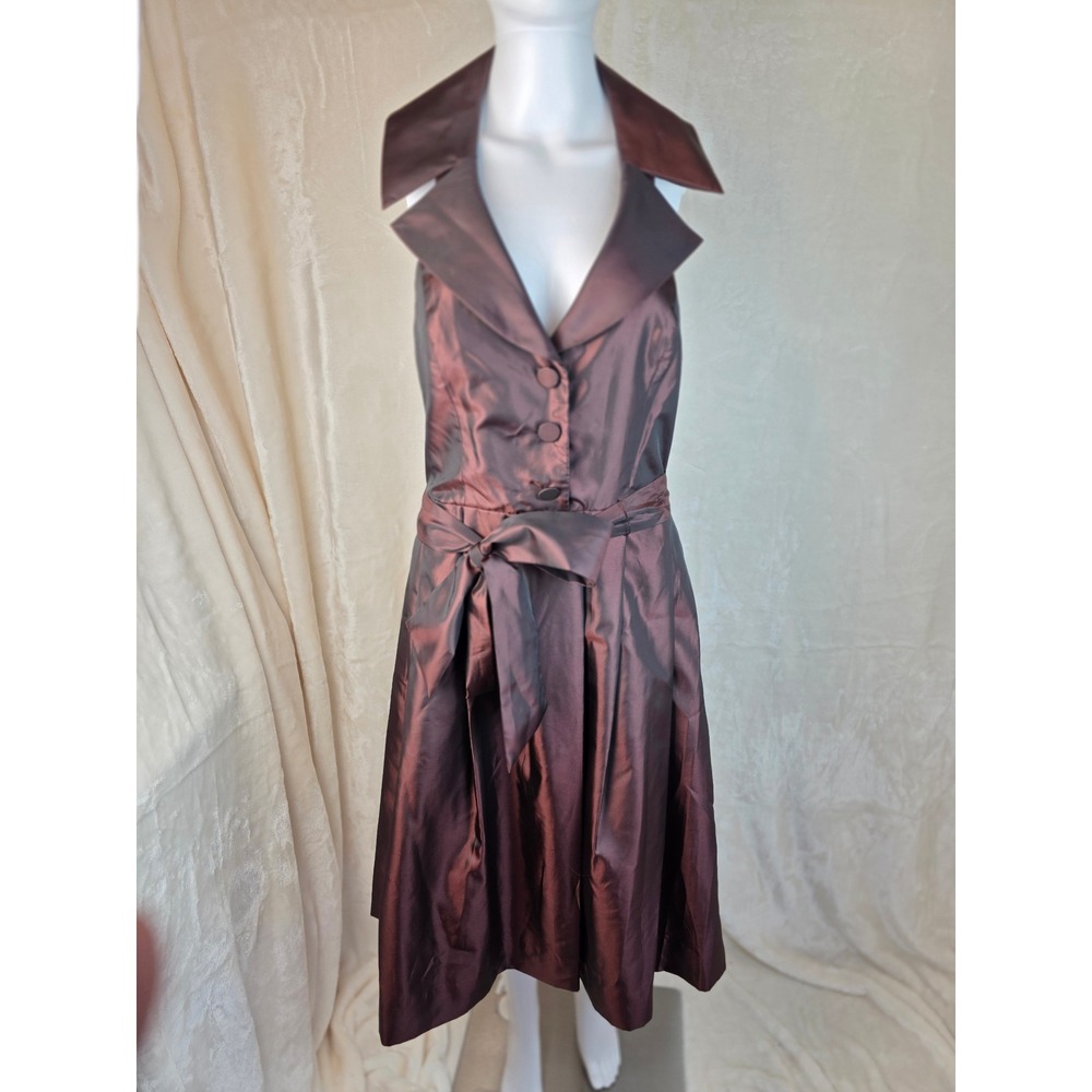 Women's Brown Satin Collared Button Front Belted Flared Dress Size 10